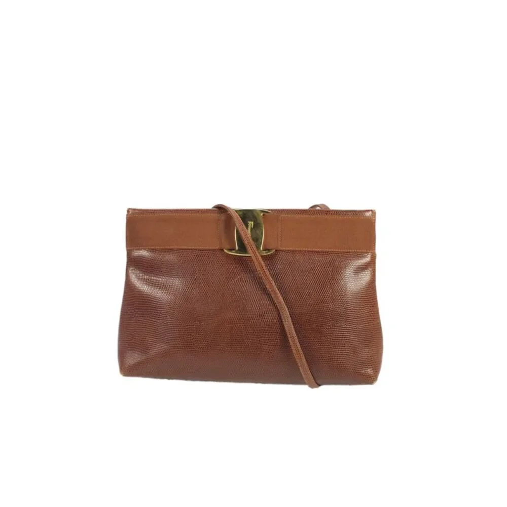 Salvatore Ferragamo Women's  Leather Lizard  Vara Bow  shoulder Handbag Brown